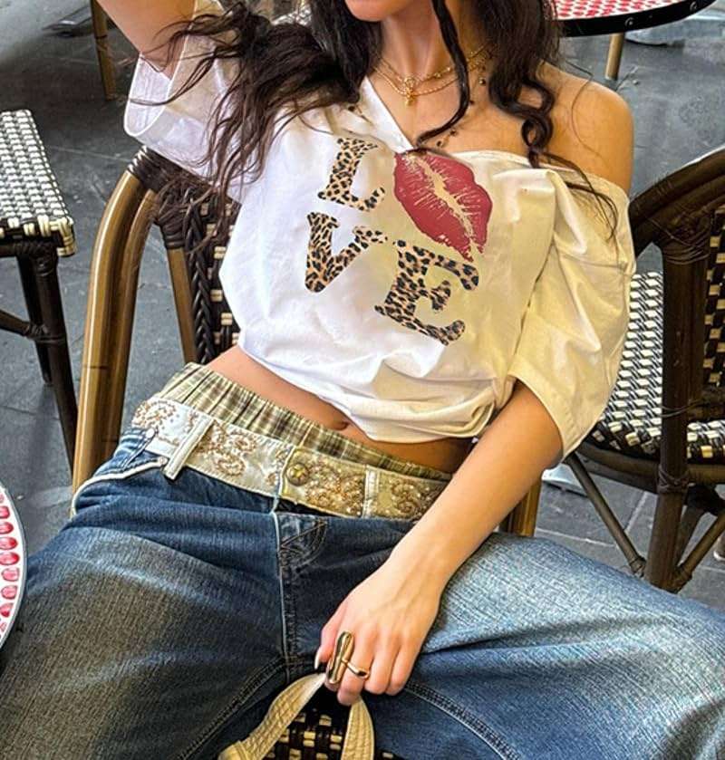Hesaco Off The Shoulder Cute Shirts for Women Oversized Tshirt Y2k Graphic Tee Lips Print Baggy Shirts Vintage Tops - Image 5