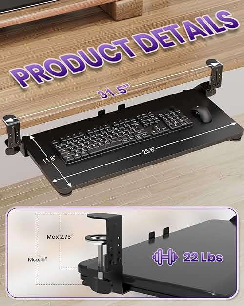 Zontera Ergonomic Keyboard Tray Under Desk, Pull Out with Adjustable C-clamp, 25.6 (31.5 Including Clamps) x 11.8 Inch Slide Out Computer Keyboard Drawer Mouse Tray for Typing, Large & Black - Image 2