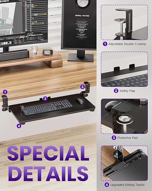 Zontera Ergonomic Keyboard Tray Under Desk, Pull Out with Adjustable C-clamp, 25.6 (31.5 Including Clamps) x 11.8 Inch Slide Out Computer Keyboard Drawer Mouse Tray for Typing, Large & Black - Image 3