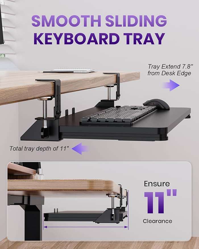 Zontera Ergonomic Keyboard Tray Under Desk, Pull Out with Adjustable C-clamp, 25.6 (31.5 Including Clamps) x 11.8 Inch Slide Out Computer Keyboard Drawer Mouse Tray for Typing, Large & Black - Image 5