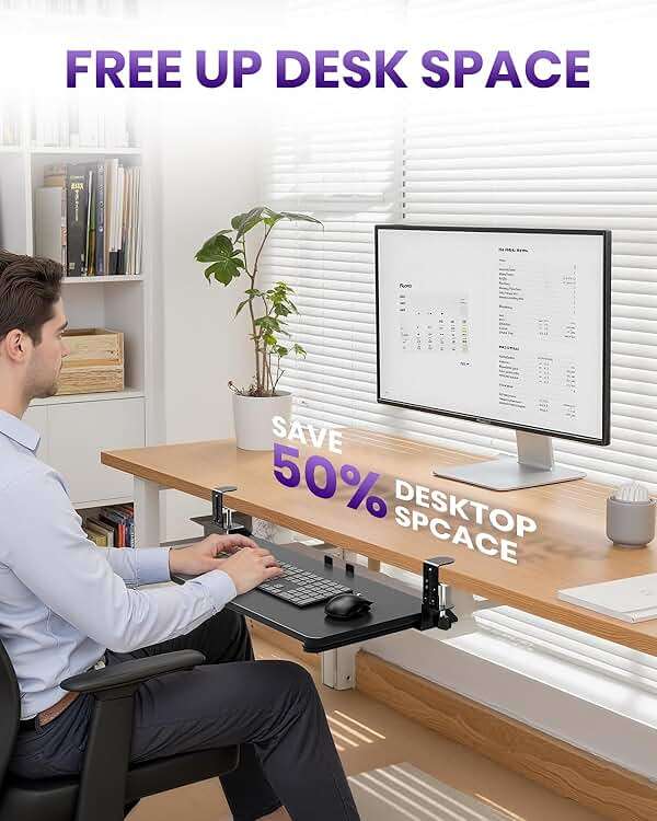 Zontera Ergonomic Keyboard Tray Under Desk, Pull Out with Adjustable C-clamp, 25.6 (31.5 Including Clamps) x 11.8 Inch Slide Out Computer Keyboard Drawer Mouse Tray for Typing, Large & Black - Image 6