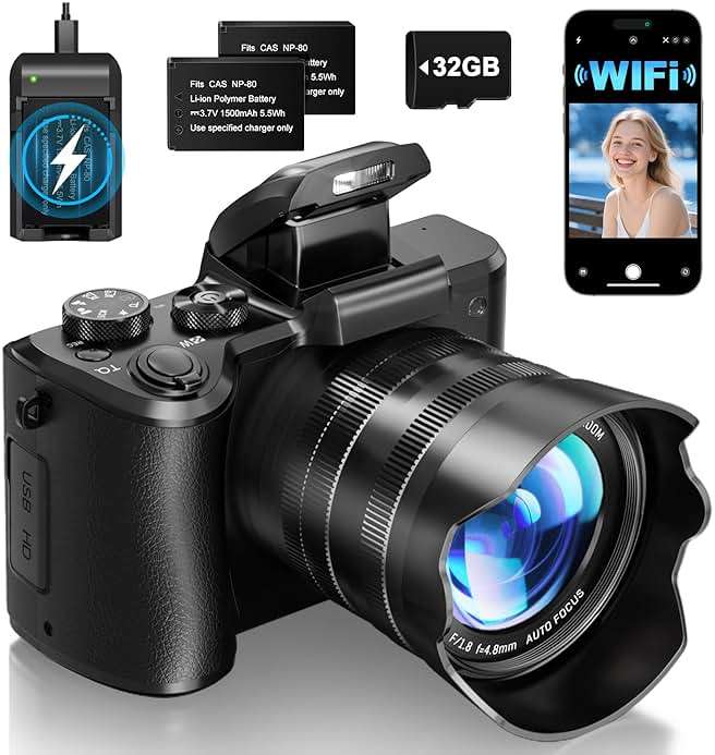 8K Digital Cameras for Photography - Autofocus 88MP WiFi Vlogging Camera for YouTube with Dual-Lens - 16X Digital Zoom Vlog Camera with Lens Hood, Flash, Touch Screen, 2 Batteries, 32GB TF Card - Image 1