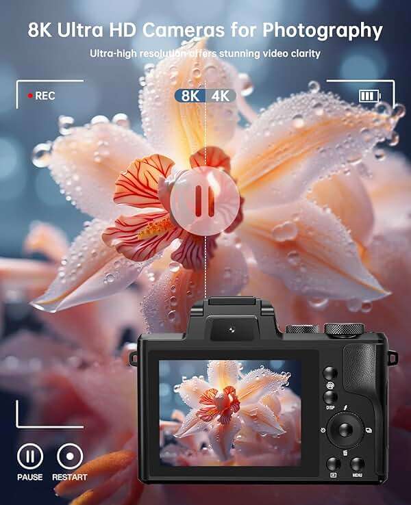 8K Digital Cameras for Photography - Autofocus 88MP WiFi Vlogging Camera for YouTube with Dual-Lens - 16X Digital Zoom Vlog Camera with Lens Hood, Flash, Touch Screen, 2 Batteries, 32GB TF Card - Image 2