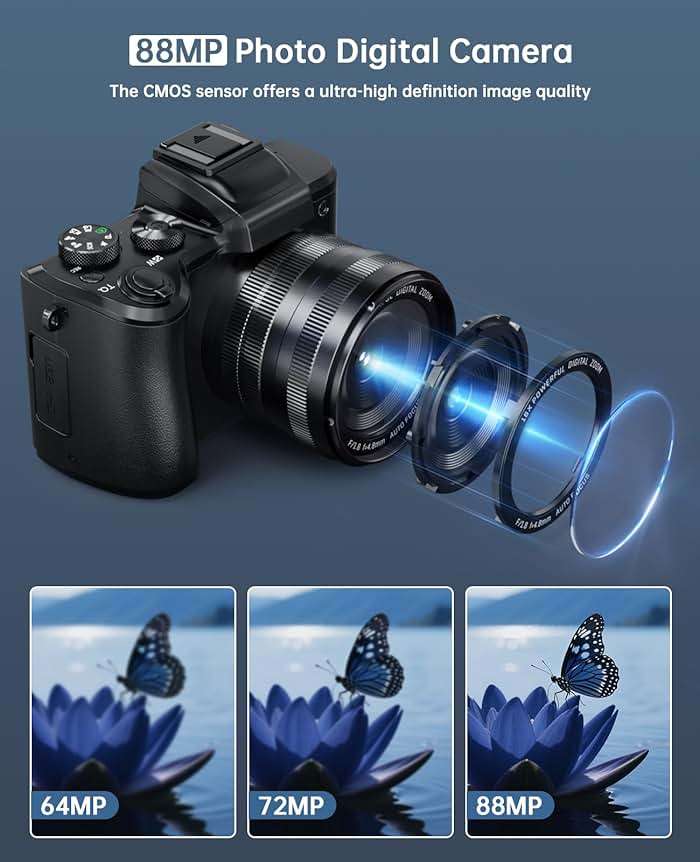 8K Digital Cameras for Photography - Autofocus 88MP WiFi Vlogging Camera for YouTube with Dual-Lens - 16X Digital Zoom Vlog Camera with Lens Hood, Flash, Touch Screen, 2 Batteries, 32GB TF Card - Image 3