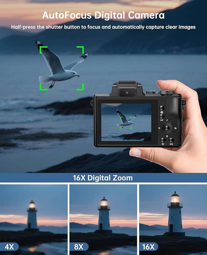 8K Digital Cameras for Photography - Autofocus 88MP WiFi Vlogging Camera for YouTube with Dual-Lens - 16X Digital Zoom Vlog Camera with Lens Hood, Flash, Touch Screen, 2 Batteries, 32GB TF Card - Image 6