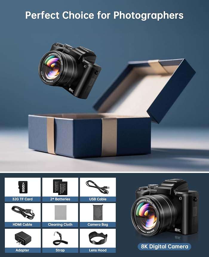 8K Digital Cameras for Photography - Autofocus 88MP WiFi Vlogging Camera for YouTube with Dual-Lens - 16X Digital Zoom Vlog Camera with Lens Hood, Flash, Touch Screen, 2 Batteries, 32GB TF Card - Image 8