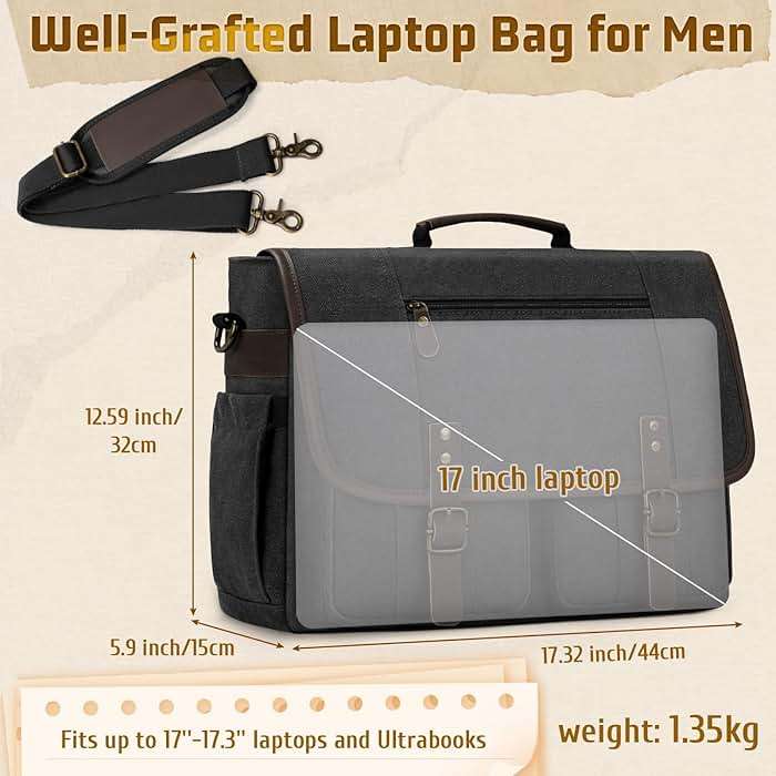 RAINSMORE Mens Messenger Bag 17-17.3 Inch Vintage Canvas Briefcase Water-resistant Large Computer Laptop Bag Rugged Satchel Shoulder Bag for Work Travel, Bookbag for College - Image 6