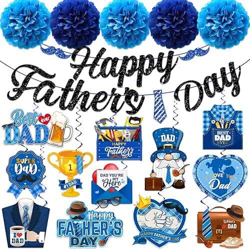 Fathers Day Decorations, Best Dad Ever Decorations includes Glitter Happy Fathers day Banner Dad Hanging Swirls and Blue Tissue Pom Poms, Fathers Day Decorations for Home Office - Image 1