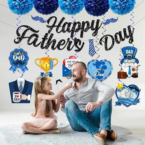 Fathers Day Decorations, Best Dad Ever Decorations includes Glitter Happy Fathers day Banner Dad Hanging Swirls and Blue Tissue Pom Poms, Fathers Day Decorations for Home Office - Image 2