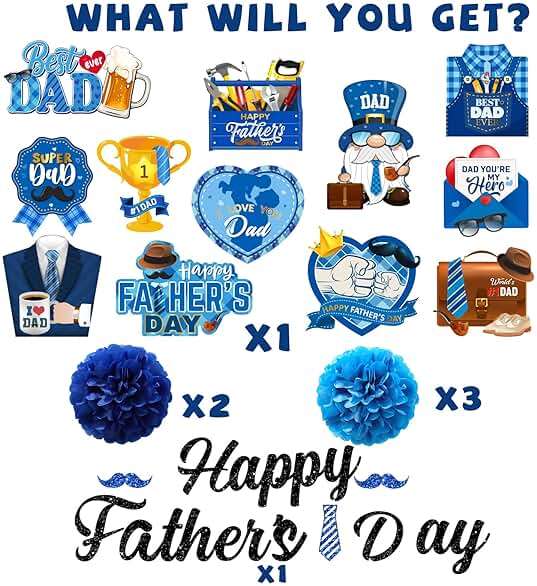 Fathers Day Decorations, Best Dad Ever Decorations includes Glitter Happy Fathers day Banner Dad Hanging Swirls and Blue Tissue Pom Poms, Fathers Day Decorations for Home Office - Image 3