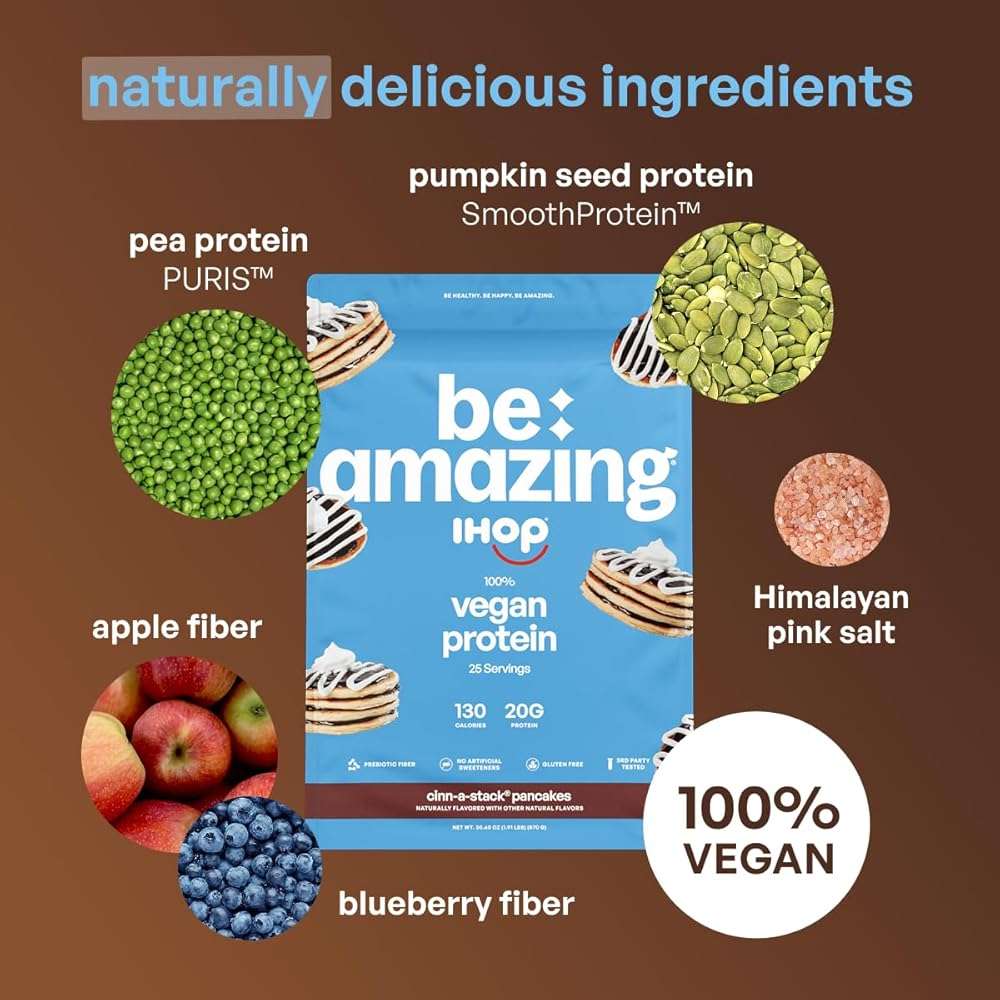 BE AMAZING Vegan Protein Powder, IHOP Cinn-A-Stack Pancake, 20g Plant Based Pea Protein, Prebiotic Fiber, Low Carb, Dairy Free, Gluten Free, Soy Free, No Added Sugar, 25 Servings - Image 4