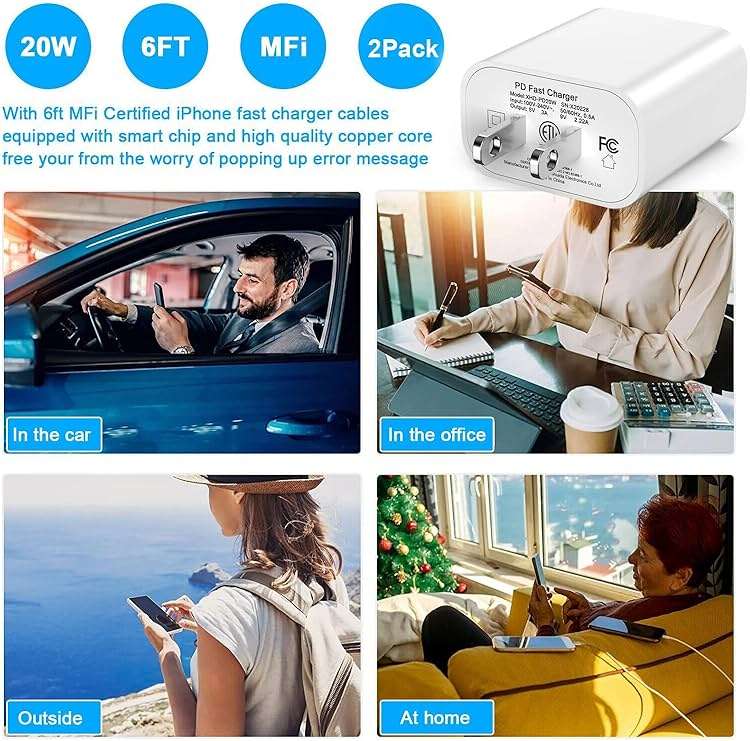 [Apple MFi Certified] iPhone Charger Fast Charging 6FT Compatible for iPhone 14/13/12/11 Pro Max/Xs Max/XR/X 2Pack 20W Type C Fast Charger Block with 6FT USB C to Lightning Data Sync Charging Cable - Image 9