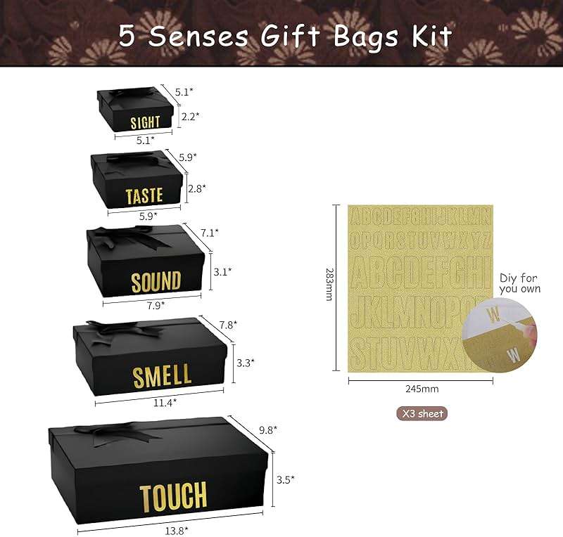 YIXAXKAO 5 Senses Gift Boxes for Him Five Senses Gift Birthday Decorations Black Nesting Gift Boxes With Lids Happy Birthday Banner Balloon for Husband Boyfriend (Black gold) - Image 2