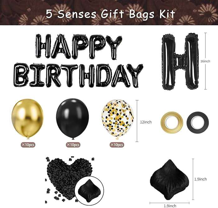 YIXAXKAO 5 Senses Gift Boxes for Him Five Senses Gift Birthday Decorations Black Nesting Gift Boxes With Lids Happy Birthday Banner Balloon for Husband Boyfriend (Black gold) - Image 3