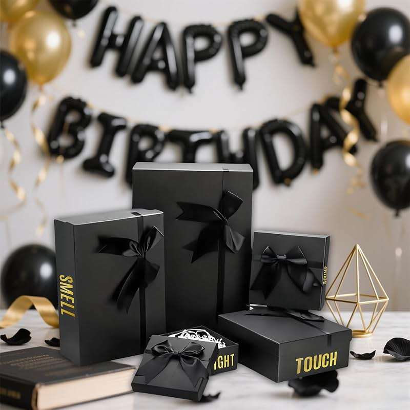 YIXAXKAO 5 Senses Gift Boxes for Him Five Senses Gift Birthday Decorations Black Nesting Gift Boxes With Lids Happy Birthday Banner Balloon for Husband Boyfriend (Black gold) - Image 5