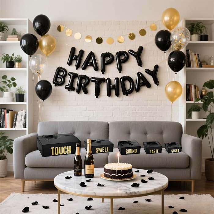 YIXAXKAO 5 Senses Gift Boxes for Him Five Senses Gift Birthday Decorations Black Nesting Gift Boxes With Lids Happy Birthday Banner Balloon for Husband Boyfriend (Black gold) - Image 6