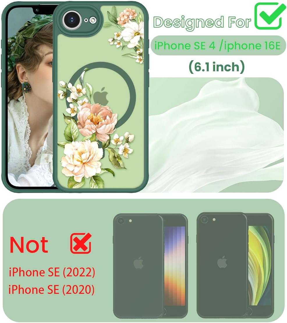 Yucenx for iPhone 16e/17e Floral Phone Case with 2X Screen Protector, Military Grade Magnetic Translucent Matte Girls Women Flower Pattern Protective Cover for iPhone 16E/17E (Green) - Image 2