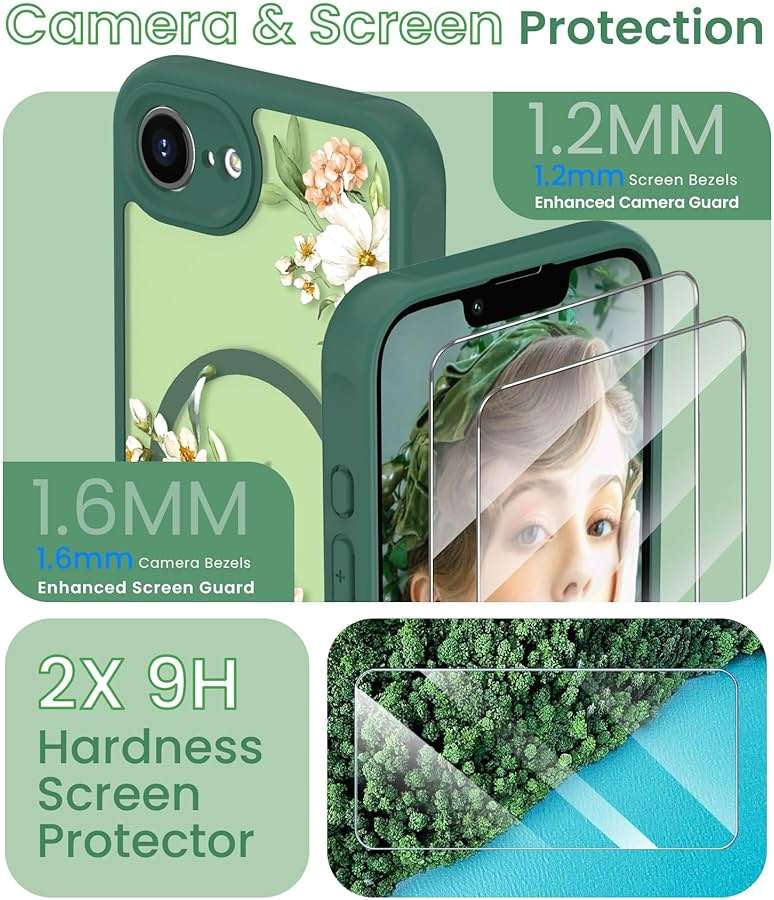 Yucenx for iPhone 16e/17e Floral Phone Case with 2X Screen Protector, Military Grade Magnetic Translucent Matte Girls Women Flower Pattern Protective Cover for iPhone 16E/17E (Green) - Image 3