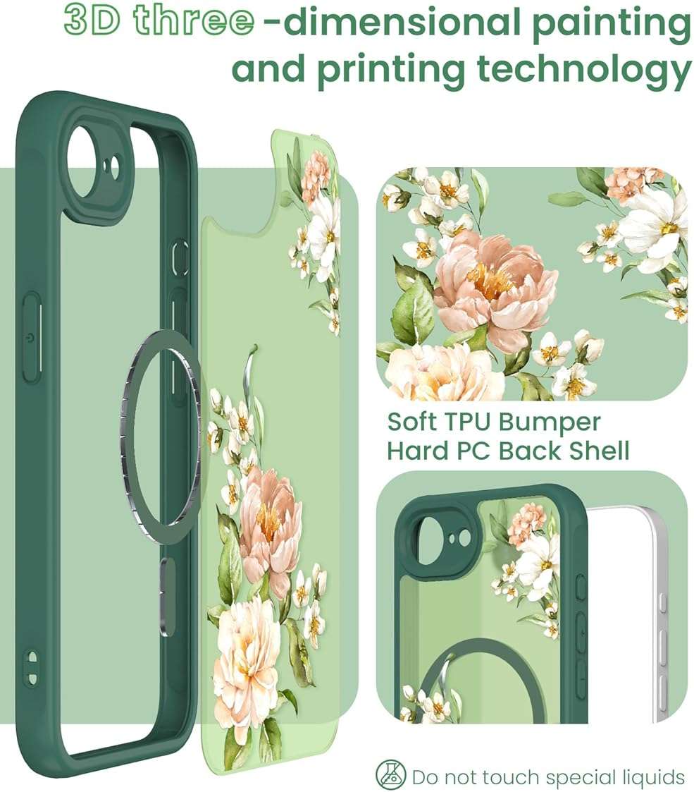 Yucenx for iPhone 16e/17e Floral Phone Case with 2X Screen Protector, Military Grade Magnetic Translucent Matte Girls Women Flower Pattern Protective Cover for iPhone 16E/17E (Green) - Image 4