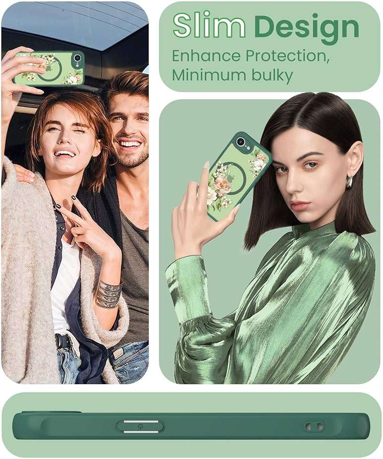 Yucenx for iPhone 16e/17e Floral Phone Case with 2X Screen Protector, Military Grade Magnetic Translucent Matte Girls Women Flower Pattern Protective Cover for iPhone 16E/17E (Green) - Image 5