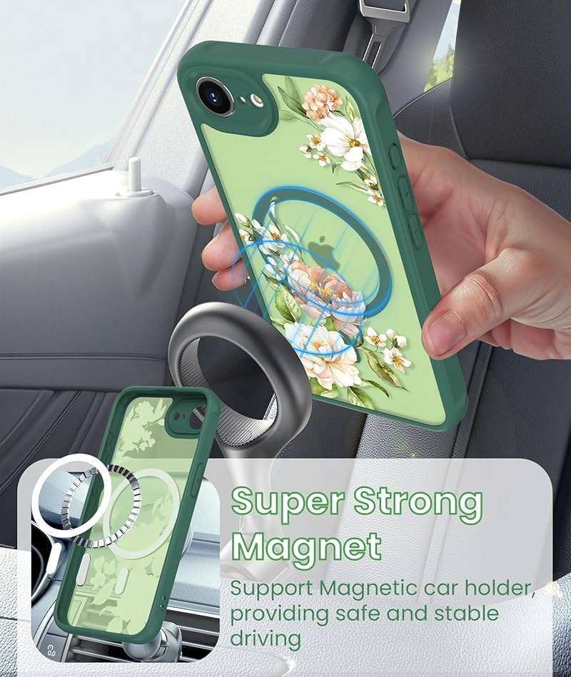 Yucenx for iPhone 16e/17e Floral Phone Case with 2X Screen Protector, Military Grade Magnetic Translucent Matte Girls Women Flower Pattern Protective Cover for iPhone 16E/17E (Green) - Image 6