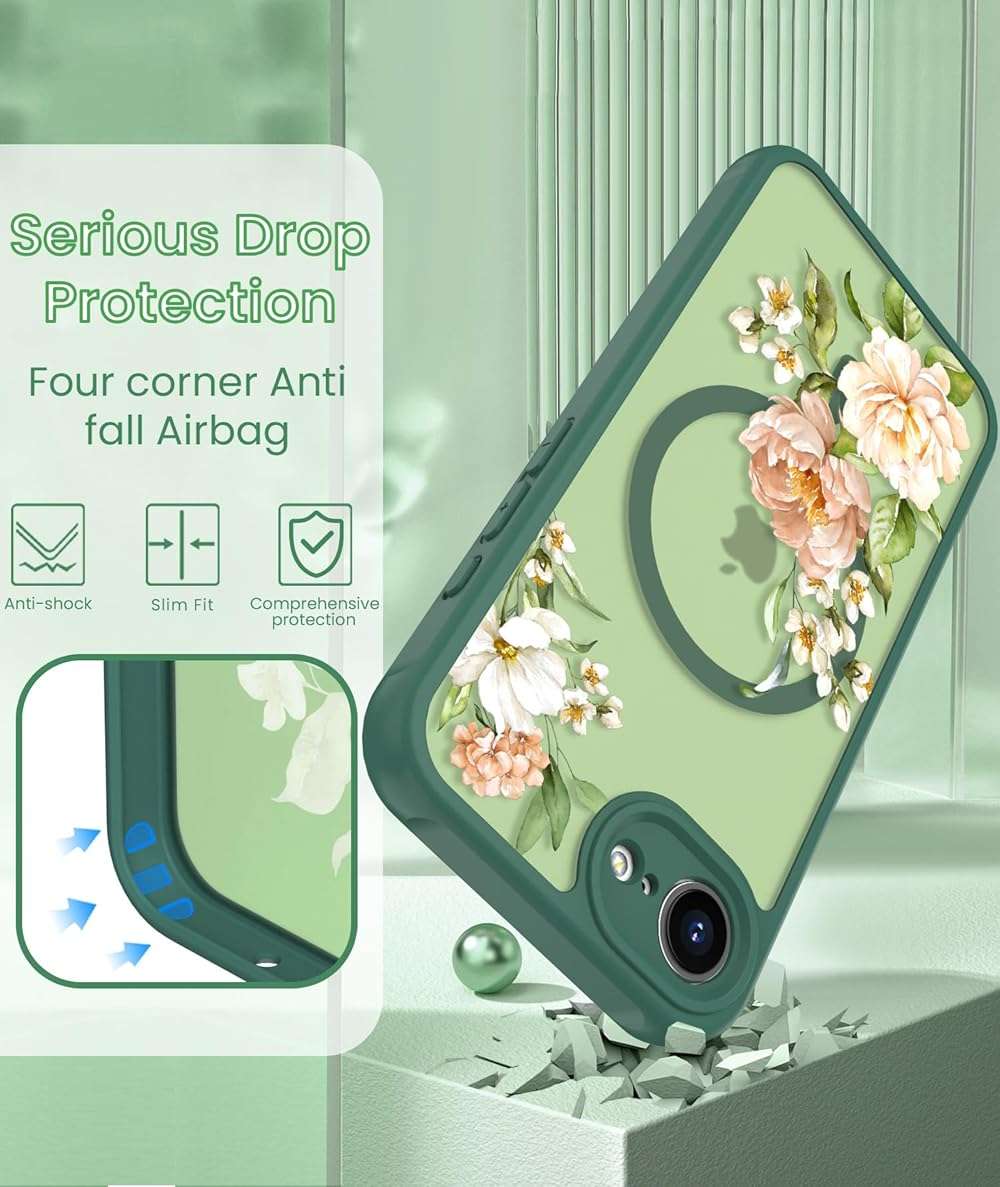 Yucenx for iPhone 16e/17e Floral Phone Case with 2X Screen Protector, Military Grade Magnetic Translucent Matte Girls Women Flower Pattern Protective Cover for iPhone 16E/17E (Green) - Image 7