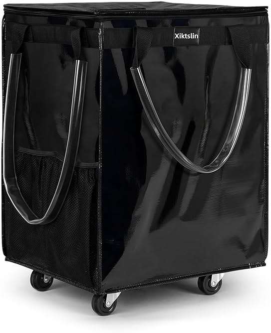 (Large, Black) Reusable Grocery Bag on 5 Wheels, Foldable Rolling Tote Carries Up to 110lb Shopping Trolley, Rolling Bag with 3 Handles, Zipper Clouser Rolling Tote Bag with Wheels for Laundry - Image 1