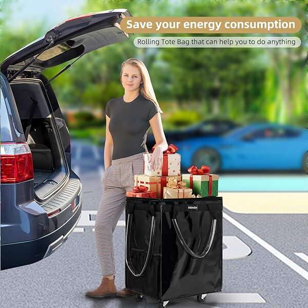 (Large, Black) Reusable Grocery Bag on 5 Wheels, Foldable Rolling Tote Carries Up to 110lb Shopping Trolley, Rolling Bag with 3 Handles, Zipper Clouser Rolling Tote Bag with Wheels for Laundry - Image 2