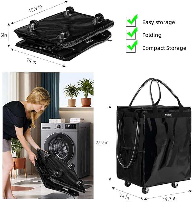 (Large, Black) Reusable Grocery Bag on 5 Wheels, Foldable Rolling Tote Carries Up to 110lb Shopping Trolley, Rolling Bag with 3 Handles, Zipper Clouser Rolling Tote Bag with Wheels for Laundry - Image 4