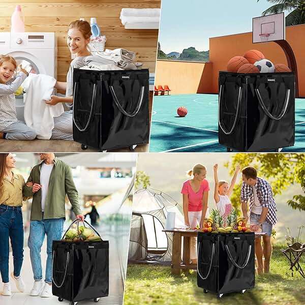 (Large, Black) Reusable Grocery Bag on 5 Wheels, Foldable Rolling Tote Carries Up to 110lb Shopping Trolley, Rolling Bag with 3 Handles, Zipper Clouser Rolling Tote Bag with Wheels for Laundry - Image 5