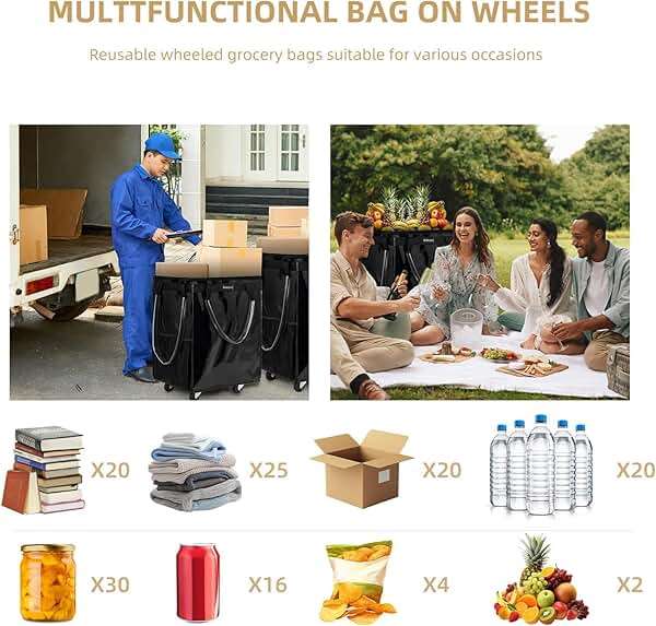 (Large, Black) Reusable Grocery Bag on 5 Wheels, Foldable Rolling Tote Carries Up to 110lb Shopping Trolley, Rolling Bag with 3 Handles, Zipper Clouser Rolling Tote Bag with Wheels for Laundry - Image 6