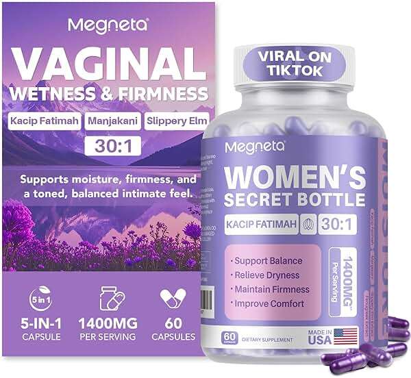 MEGNETA Vaginal Moisturizer, Kacip Fatimah 1,000mg & Manjakni 200mg for Female Intimate Health, Slippery Elm for Women, Vegan, 60 Capsules - Image 1
