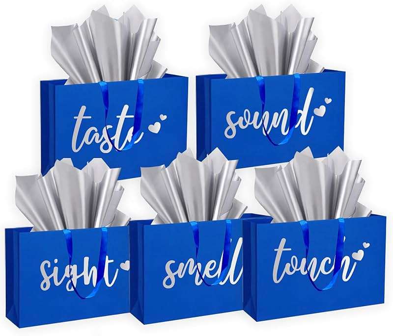 YIXAXKAO 5 Senses Gift Bags Five Senses Gift Bags with Tissue Paper Kraft Paper Bag with Ribbon Handles for Anniversary, Valentine's Day, Birthday for Him Husband Boyfriend (Blue Silver) - Image 1