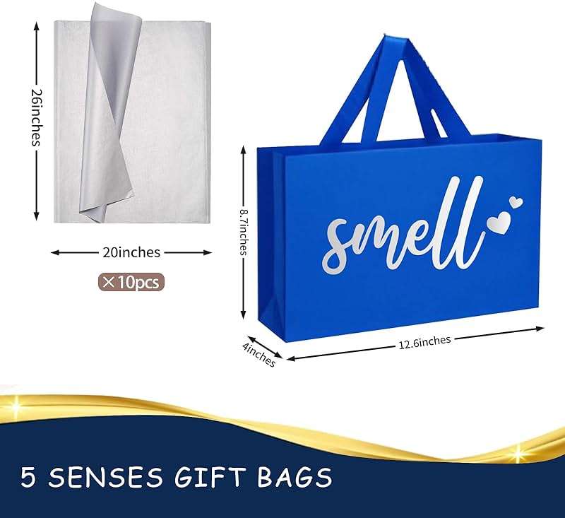 YIXAXKAO 5 Senses Gift Bags Five Senses Gift Bags with Tissue Paper Kraft Paper Bag with Ribbon Handles for Anniversary, Valentine's Day, Birthday for Him Husband Boyfriend (Blue Silver) - Image 2