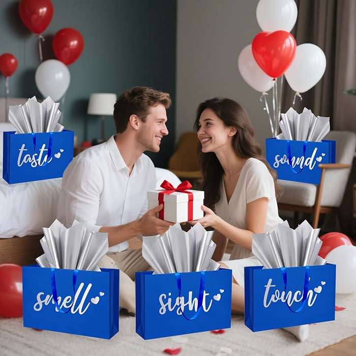 YIXAXKAO 5 Senses Gift Bags Five Senses Gift Bags with Tissue Paper Kraft Paper Bag with Ribbon Handles for Anniversary, Valentine's Day, Birthday for Him Husband Boyfriend (Blue Silver) - Image 4