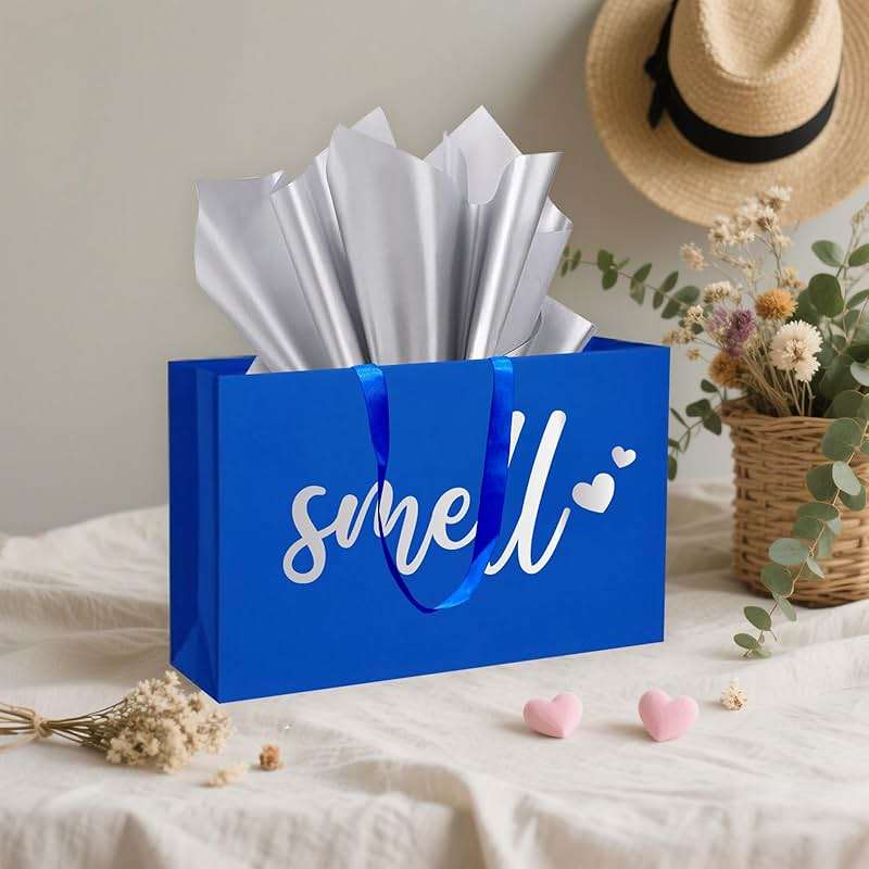 YIXAXKAO 5 Senses Gift Bags Five Senses Gift Bags with Tissue Paper Kraft Paper Bag with Ribbon Handles for Anniversary, Valentine's Day, Birthday for Him Husband Boyfriend (Blue Silver) - Image 6