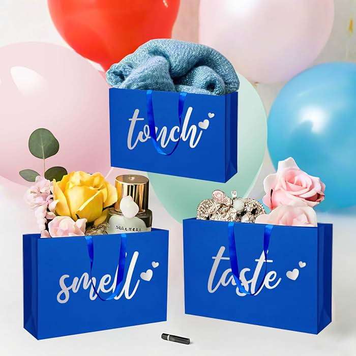 YIXAXKAO 5 Senses Gift Bags Five Senses Gift Bags with Tissue Paper Kraft Paper Bag with Ribbon Handles for Anniversary, Valentine's Day, Birthday for Him Husband Boyfriend (Blue Silver) - Image 7