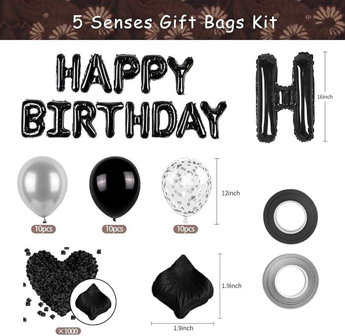 YIXAXKAO 5 Senses Gift Bags Five Senses Birthday Party Decorations with Tissue Paper, Rose Petals and Happy Birthday Banner Balloons Five Senses Gift for Him Husband Boyfriend (Black white) - Image 3