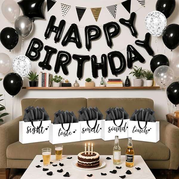 YIXAXKAO 5 Senses Gift Bags Five Senses Birthday Party Decorations with Tissue Paper, Rose Petals and Happy Birthday Banner Balloons Five Senses Gift for Him Husband Boyfriend (Black white) - Image 4