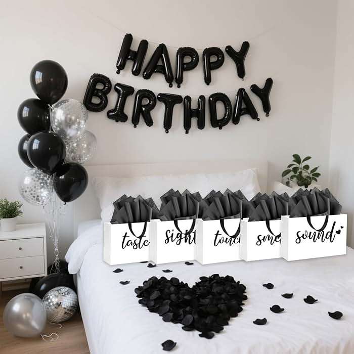 YIXAXKAO 5 Senses Gift Bags Five Senses Birthday Party Decorations with Tissue Paper, Rose Petals and Happy Birthday Banner Balloons Five Senses Gift for Him Husband Boyfriend (Black white) - Image 5