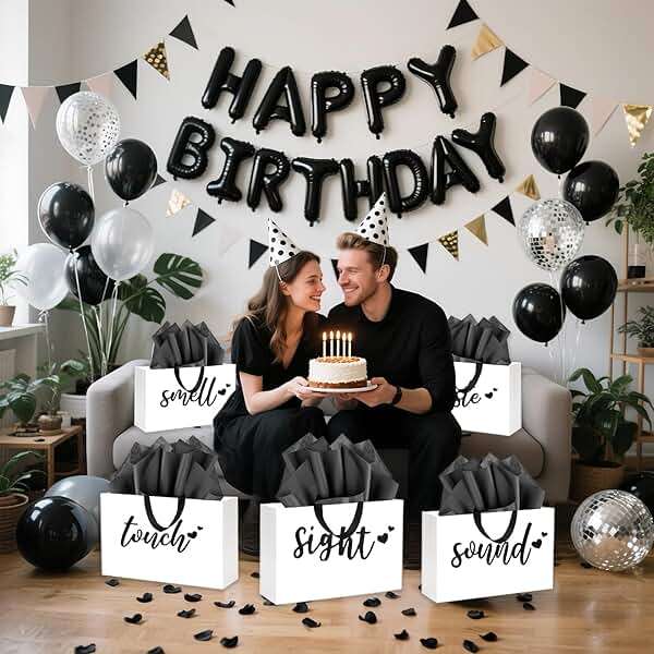 YIXAXKAO 5 Senses Gift Bags Five Senses Birthday Party Decorations with Tissue Paper, Rose Petals and Happy Birthday Banner Balloons Five Senses Gift for Him Husband Boyfriend (Black white) - Image 6