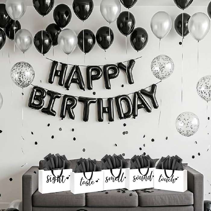 YIXAXKAO 5 Senses Gift Bags Five Senses Birthday Party Decorations with Tissue Paper, Rose Petals and Happy Birthday Banner Balloons Five Senses Gift for Him Husband Boyfriend (Black white) - Image 7