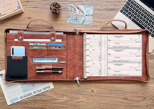 Gvalant 7 Ring Check Binder Vegan Leather Portfolio for 3-Up Business Size Checks, with Handle and Zippered Briefcase with 500 Check Capacity，9 x 13 inch Sheets - Image 2