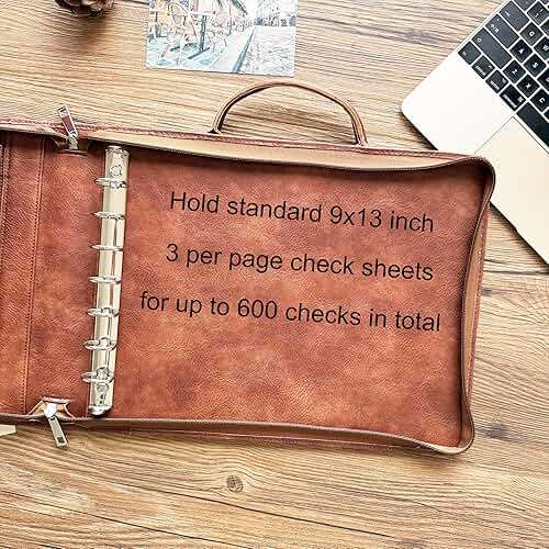 Gvalant 7 Ring Check Binder Vegan Leather Portfolio for 3-Up Business Size Checks, with Handle and Zippered Briefcase with 500 Check Capacity，9 x 13 inch Sheets - Image 7