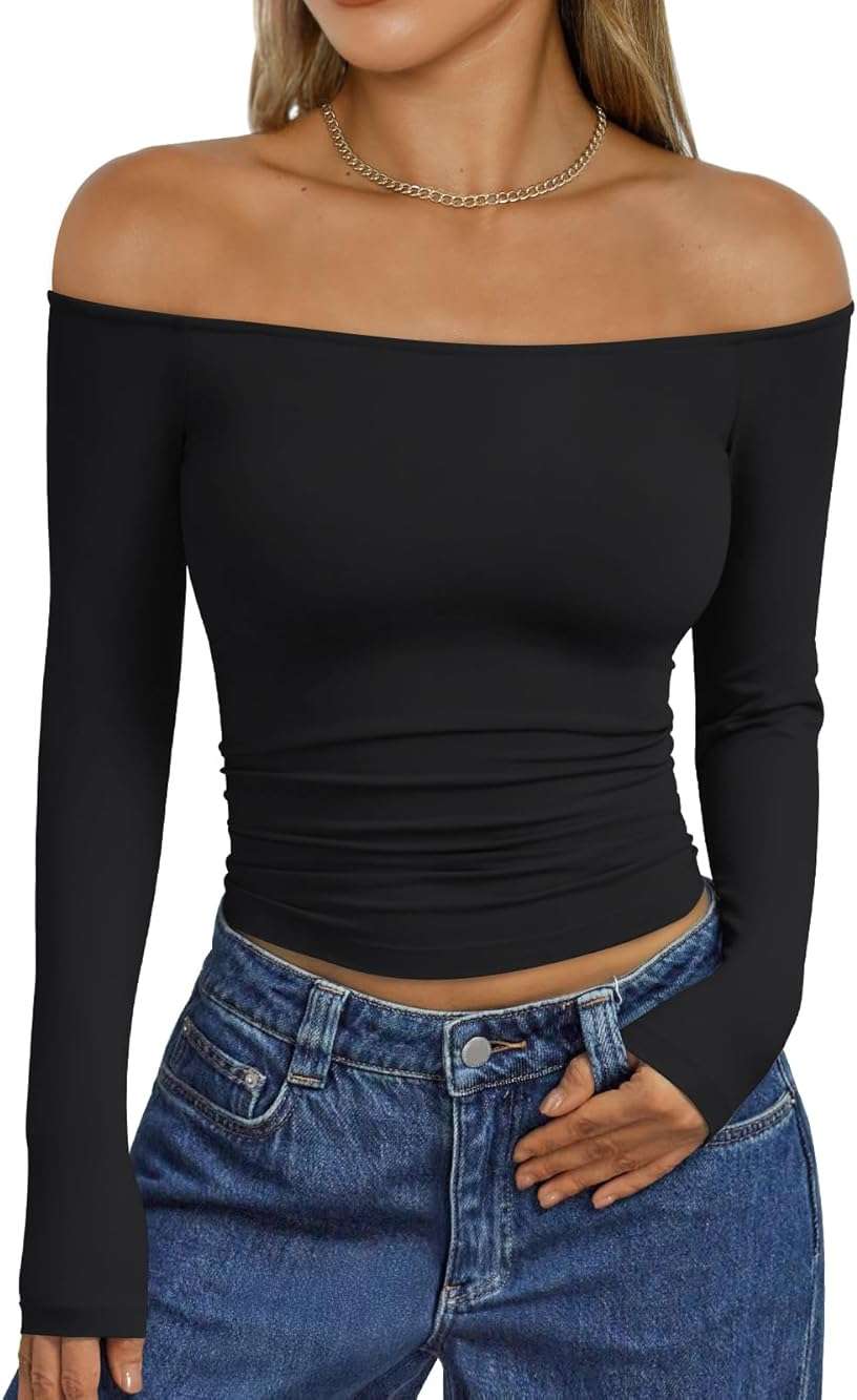 Trendy Queen Womens Long Sleeve Off The Shoulder Tops Going Out Cute Basic Y2K Fall Fashion 2026 Outfits Clothes - Image 1