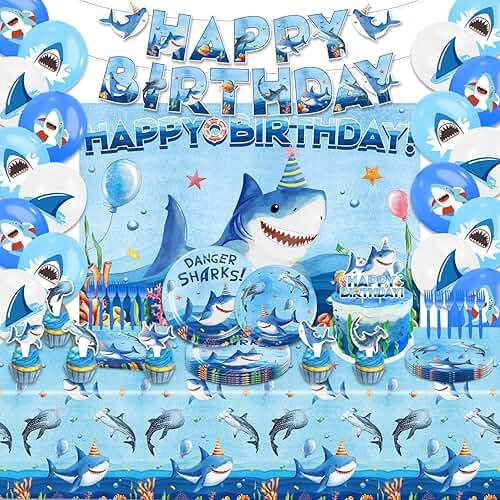 Shark Birthday Party Decorations, Shark Party Supplies with Birthday Banner, Backdrop, Tablecloth, Balloons, Plates, Napkins, Forks, Cake Topper, Cupcake Toppers - Image 1