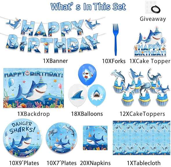 Shark Birthday Party Decorations, Shark Party Supplies with Birthday Banner, Backdrop, Tablecloth, Balloons, Plates, Napkins, Forks, Cake Topper, Cupcake Toppers - Image 3