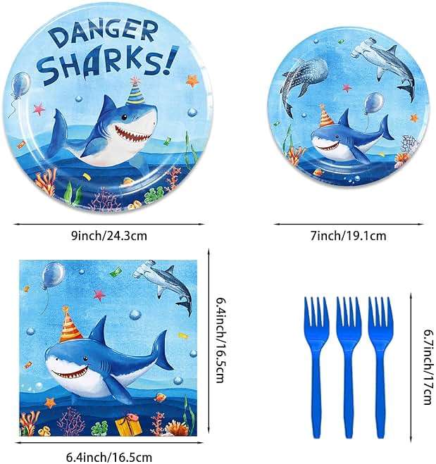 Shark Birthday Party Decorations, Shark Party Supplies with Birthday Banner, Backdrop, Tablecloth, Balloons, Plates, Napkins, Forks, Cake Topper, Cupcake Toppers - Image 4