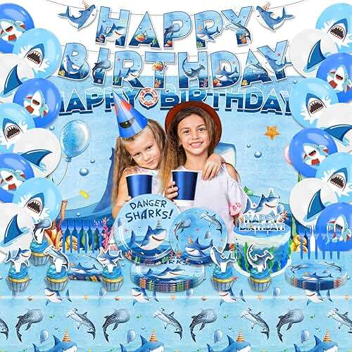 Shark Birthday Party Decorations, Shark Party Supplies with Birthday Banner, Backdrop, Tablecloth, Balloons, Plates, Napkins, Forks, Cake Topper, Cupcake Toppers - Image 6