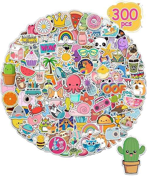 300 Pcs Stickers for Kids, Cute Water Bottle Vinyl Waterproof Laptop Stickers for Students Gifts School Supplies Classroom Teacher Prizes Stocking Stuffers Sticker Pack for Kids Girls Teens - Image 1